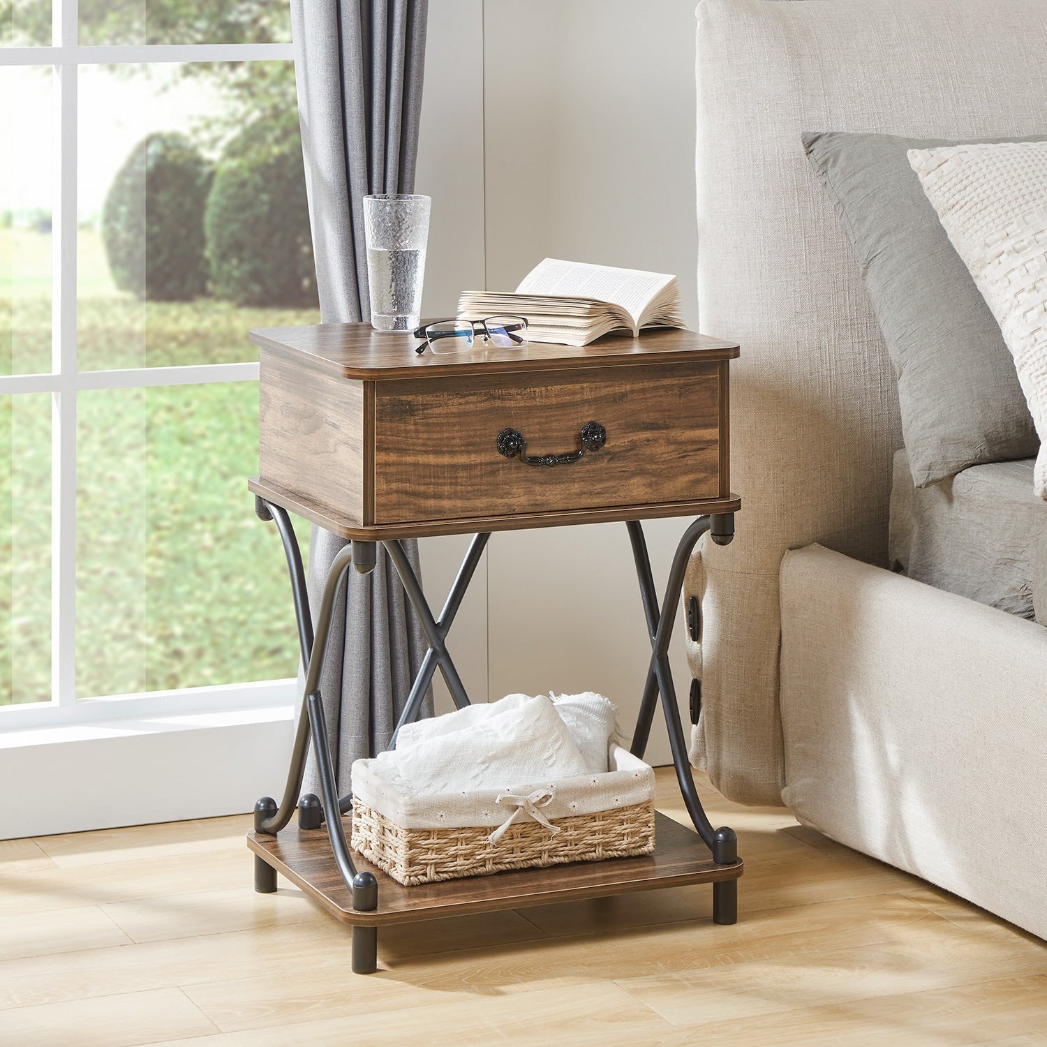 Modern X-Design Nightstand with 1 Drawer & Storage Shelf-image
