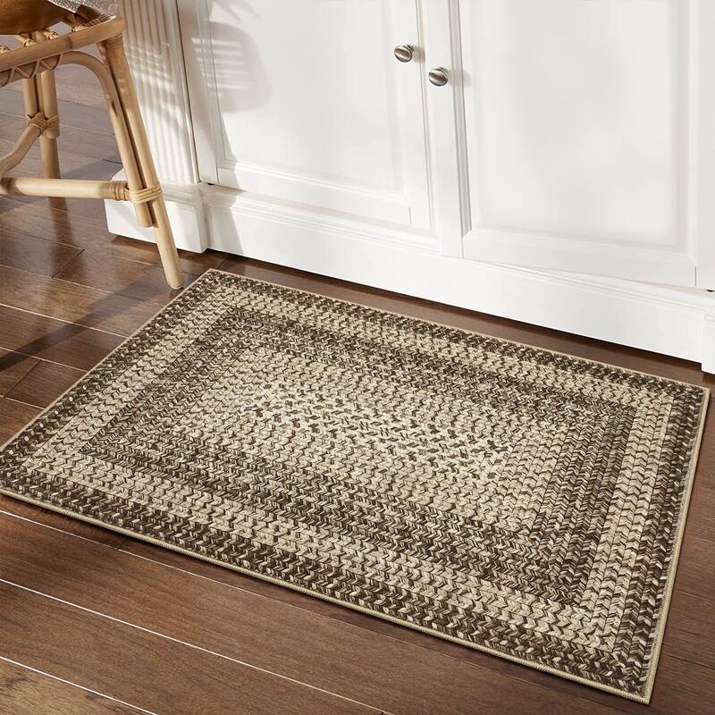 Washable Living Room Rugs Modern Braided Print Area Rug Border Design Accent Rugs for Bedroom Non-Slip Low Pile Area Rug