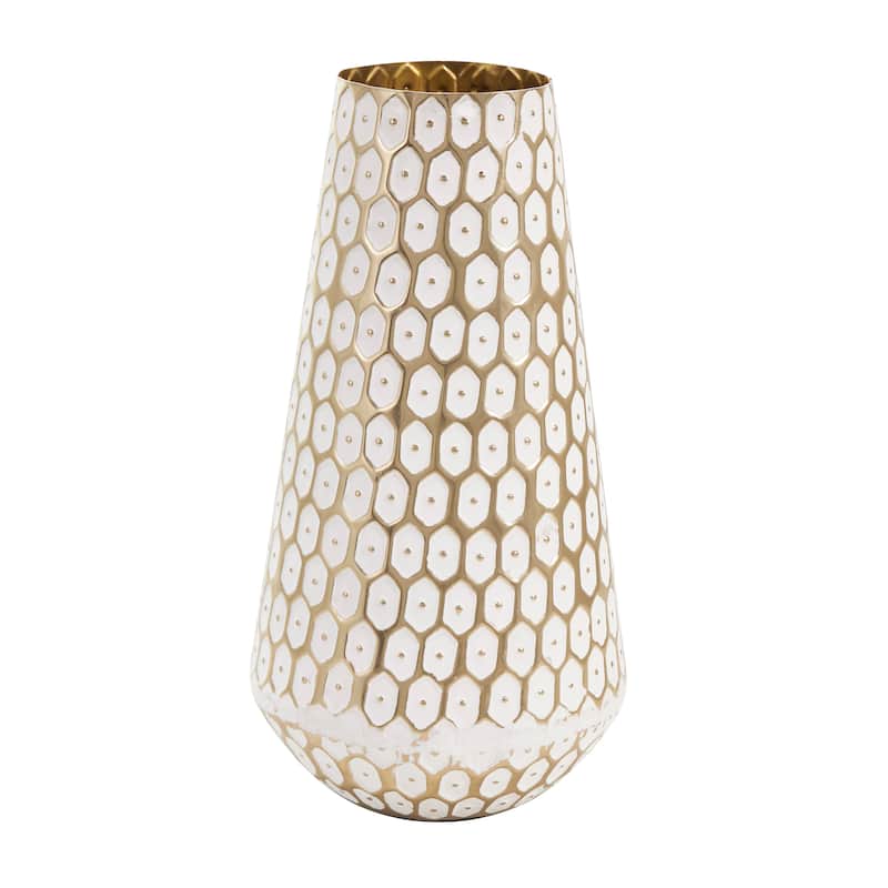 Gold Metal Geometric Dot Geometric Decorative Vase with White Accents
