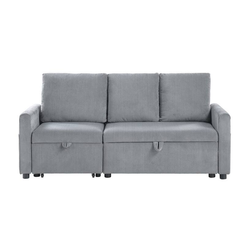 Oswin 70"W Gray Corduroy Sofa with Pull-Out Chaise, Underseat Storage, Side Pocket