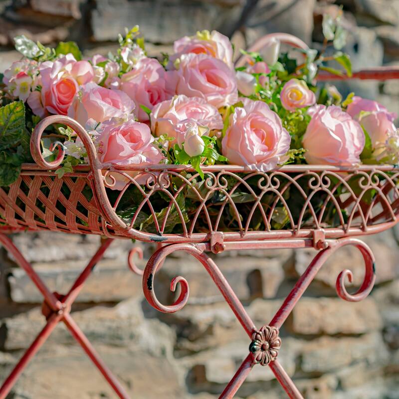 Two Tier Iron Flower Push Cart in Flamingo Pink "Odesa 1794" - 21.65x33.85x36.61