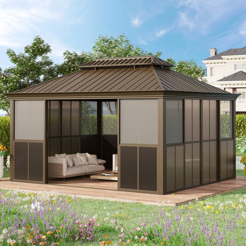 Hardtop Gazebo with Double Steel Roof, Sliding/Lockable Doors & Screens - All-Season Rustproof Aluminum Frame,Advanced Drainage