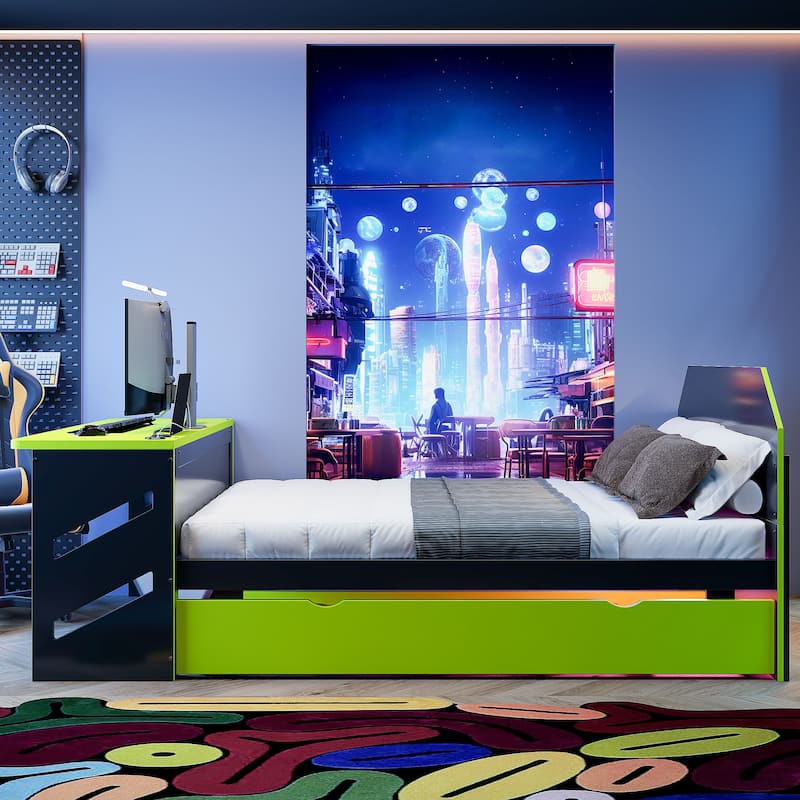 Esports & Work Daybed Full Size Platform Bed for Teens with Twin Size Trundle, Built-in Desk, USB Ports and Cable Management