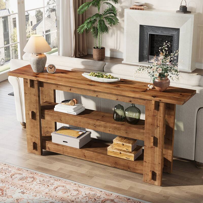63 Inch Solid Wood Console Table, Farmhouse Sofa Table Behind Couch