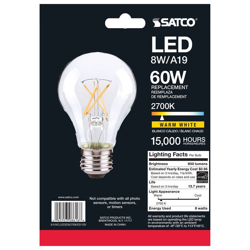 Satco 7W A19 LED - Clear - Medium - 2700K - 810 LM - 120V - Carded