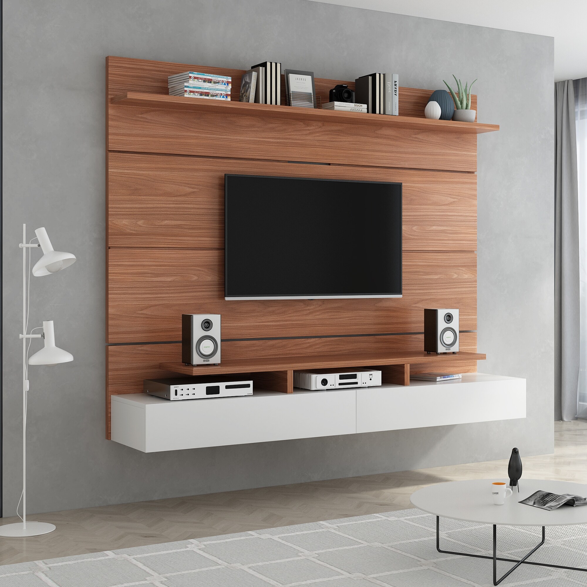 Wall Mounted TV Stand with Large Storage Space for TVs Up To 85,  Multi-Purpose Cabinet, Cable Management, and Drop Down Doors - Bed Bath &  Beyond - 38288145