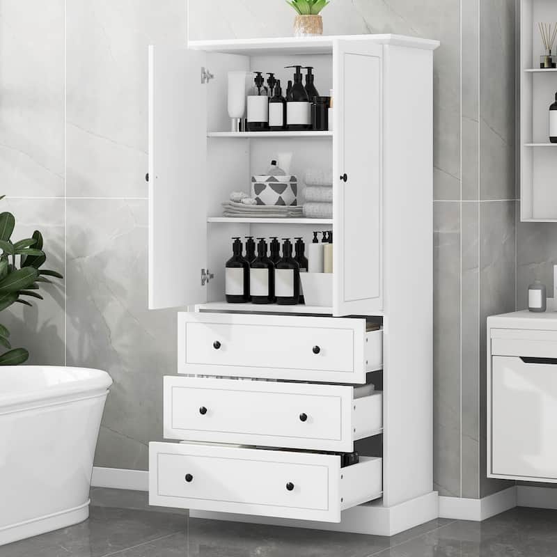 Freestanding Bathroom Storage Cabinet with Doors & 3 Large Drawers, Adjustable Shelves - White