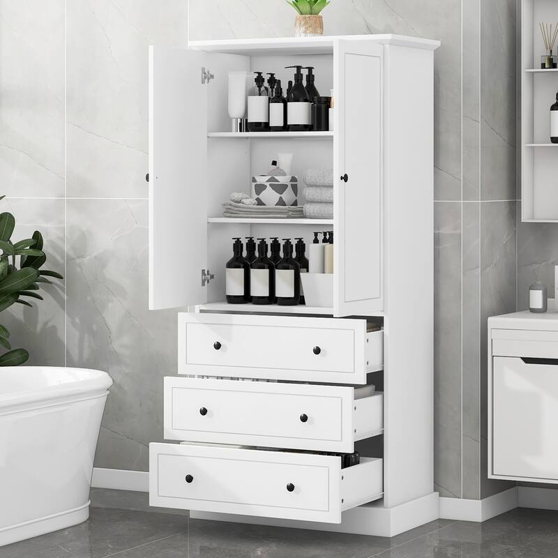 Tall Bathroom Storage Cabinet with Drawers and Adjustable Shelves, Modern Freestanding Floor Cabinet with Anti-Tip Kit