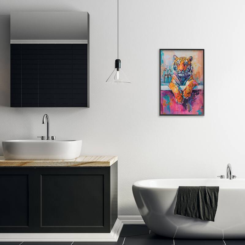 Stupell Bathing Tiger in Bright Tub Framed Giclee Art Design By LSR Design Studio