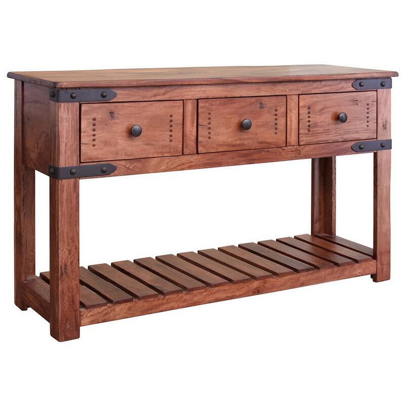 55 Inch 3 Drawer Sofa Table Slatted Bottom Shelf Brown Mango Wood - Brown, Black - Wood