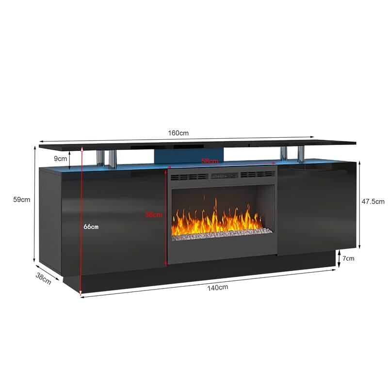 70" High Gloss TV Stand with Built-In Electric Fireplace, 9-Color Flame, Storage Shelves & Remote, for 80" TVs