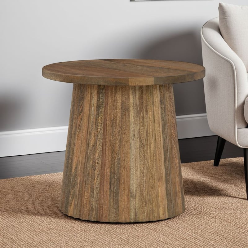 Ceil Accent Table, Round Fluted Walnut Brown Solid Wood Base, 20 Inch