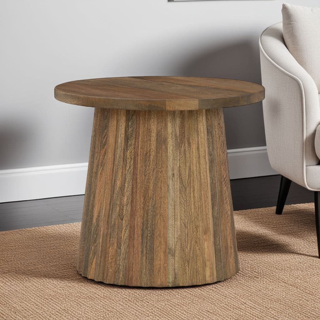 Ceil Accent Table, Round Fluted Walnut Brown Solid Wood Base, 20 Inch