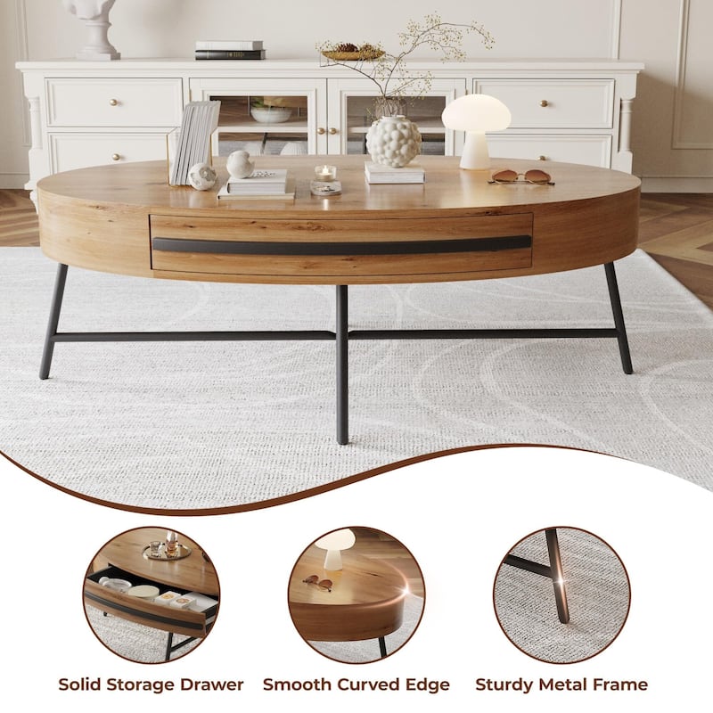 Oval Coffee Table with Drawer, 47.2" Mid-Century Modern Center Table, Wooden Coffee