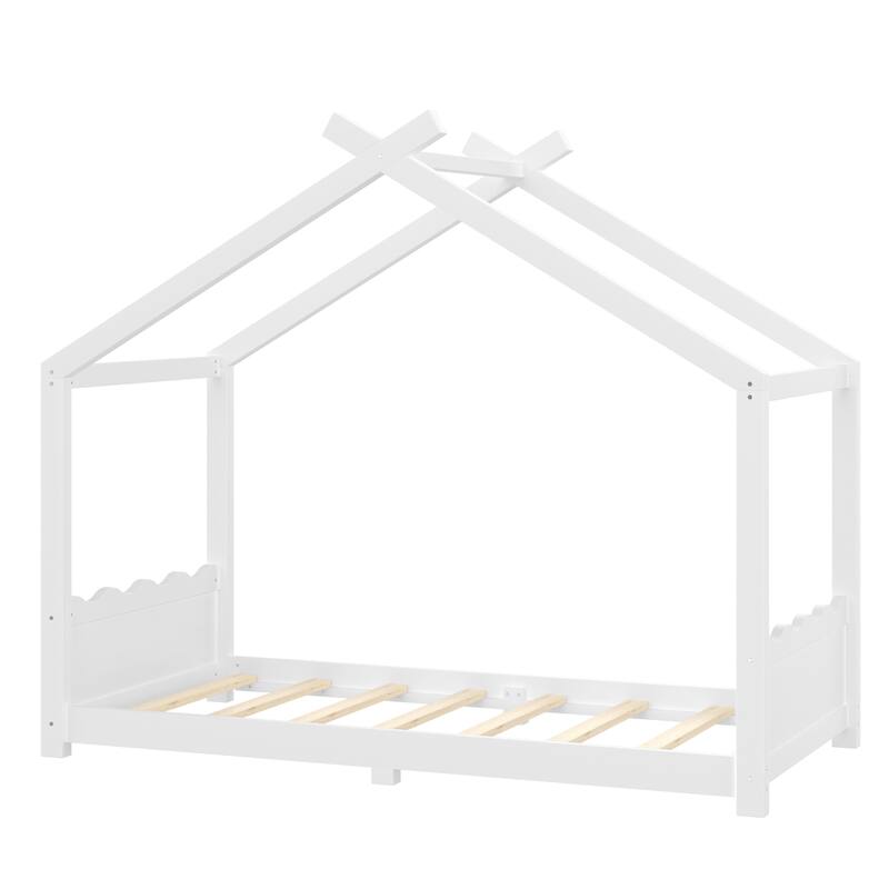 Twin House Floor Bed with Support Slats, Solid Wood House Bed Frame for Kids, No Box Spring Needed and Opening Constructure