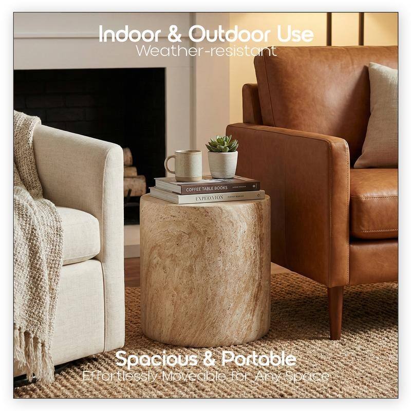 Vintara Modern Cylindrical Round Fiberstone Side Table with Brushed Finish for Living Rooms, Bedrooms, Patios, Balconies