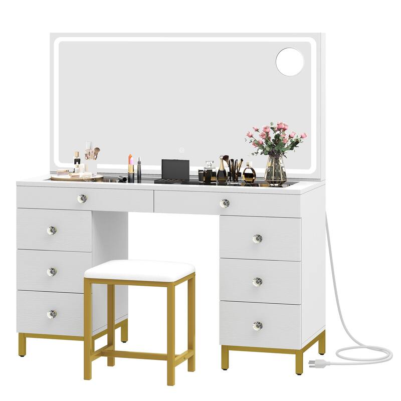 Moasis 45.5" Modern Vanity Table, 8 Drawers, Lights, Mirror, Power Outlet - White