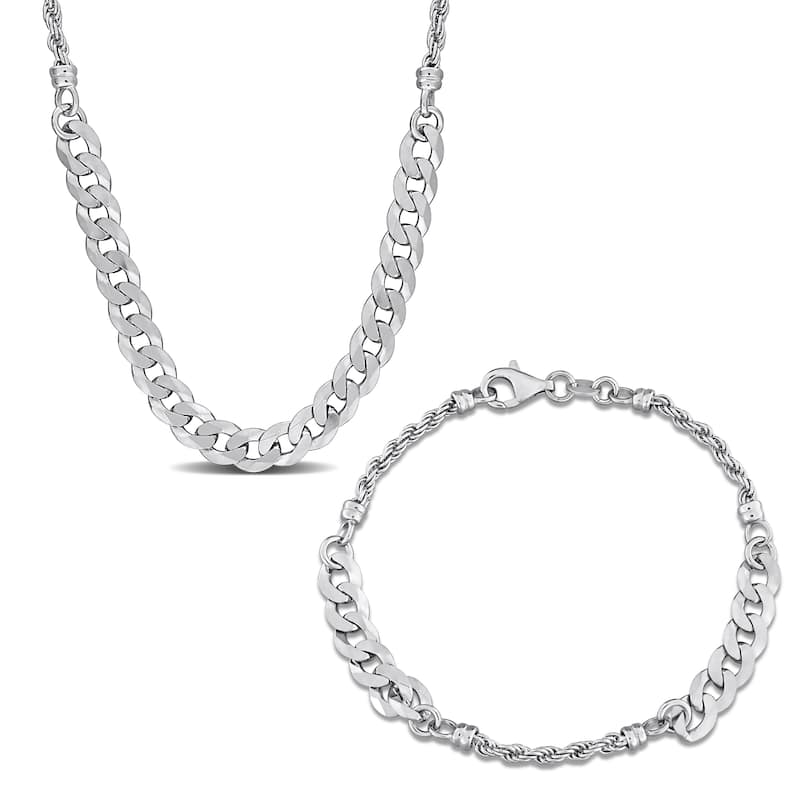 Miadora Sterling Silver Rope and Curb Link Chain Necklace and Bracelet Set - White