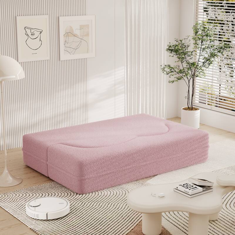 Full-Size Convertible Sofa Bed, Teddy Fabric Sleeper Couch with Foam-Filled Support and 2 Free Pillows for Living Room