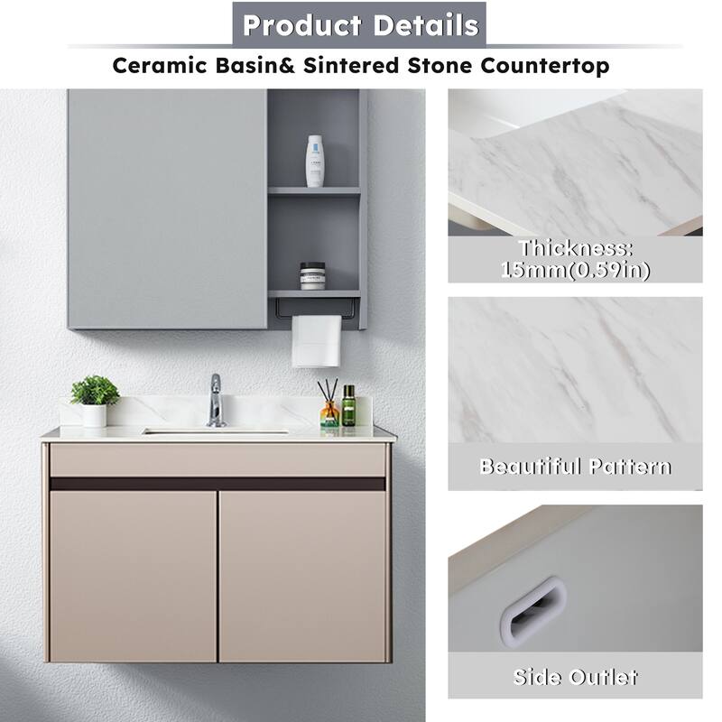 43" Bianco Venato Carrara White Vanity Top with Ceramic Sink, 4" Backsplash, Pre-Drilled Faucet Hole, Sintered Stone Material