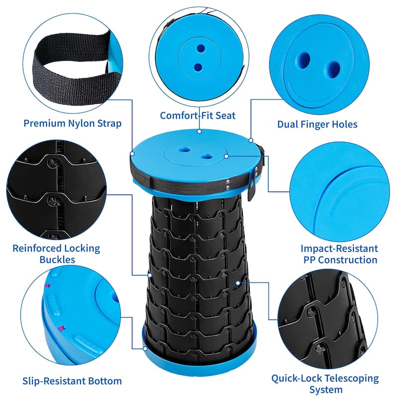 VECELO Portable Telescoping Stool Lightweight Adjustable Height Folding Stool for Camping Fishing Indoor Outdoor Plastic Seat