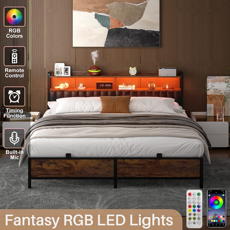 Platform Bed Frame with Upholstered Storage Headboard, Full/ Queen/ King Beds with Charge Station and LED Lights