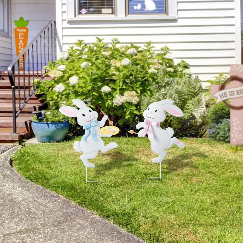 Glitzhome Set of 2 Easter Metal Bunny Painter Yard Stake