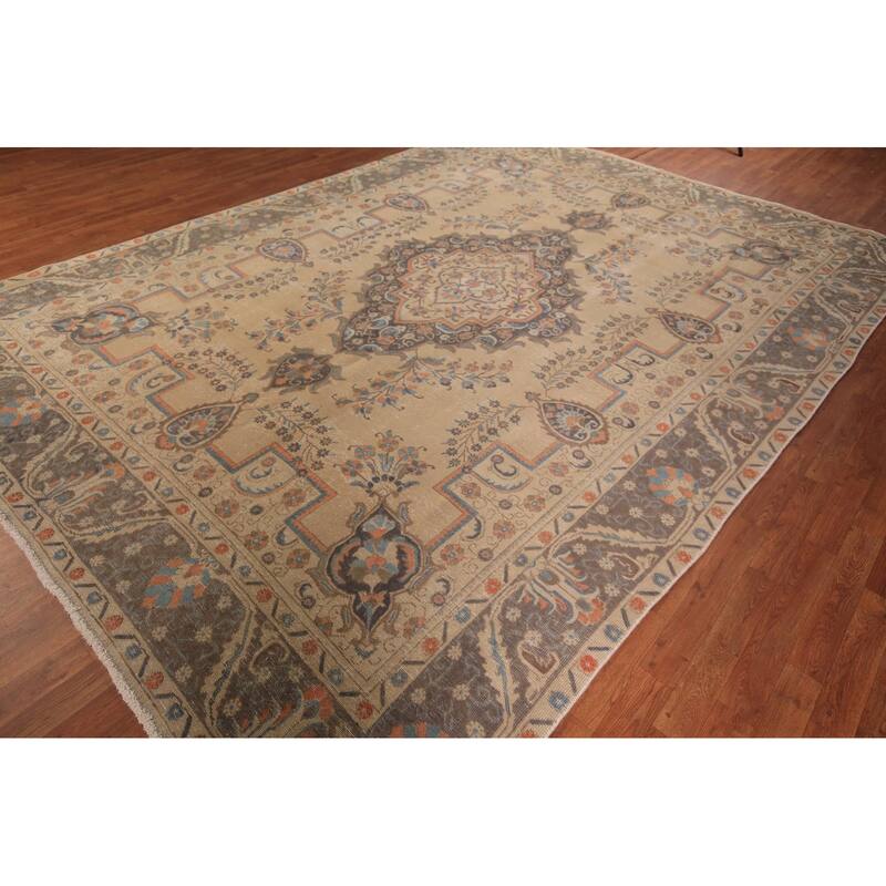 Geometric Tabriz Persian Vintage Area Rug Handmade Wool Carpet - 9'4" x 12'7"