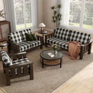 Furniture of America Milou Rustic 3-Piece Wood Plaid Patterned Fabric Sofa Set - On Sale - Bed Bath & Beyond
