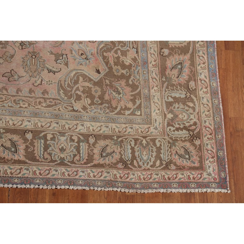 Traditional Pink Mashad Persian Vintage Rug Hand-Knotted Wool Carpet - 8'0"x 10'10"
