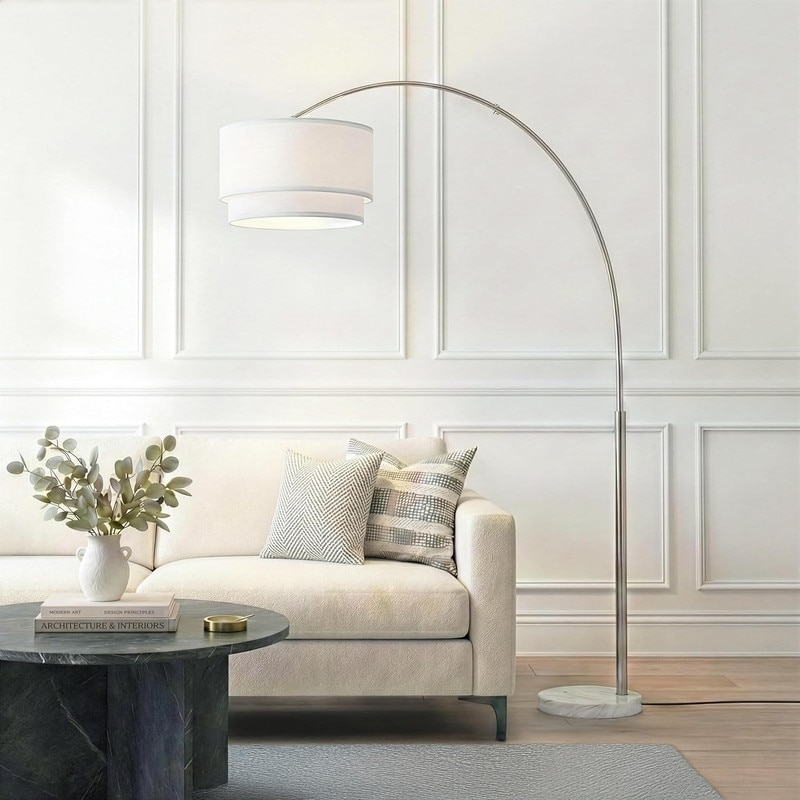 Brightech Mason 81 in. Brushed Nickel Modern Adjustable and Extendable LED Floor Lamp with White Fabric Drum Shade