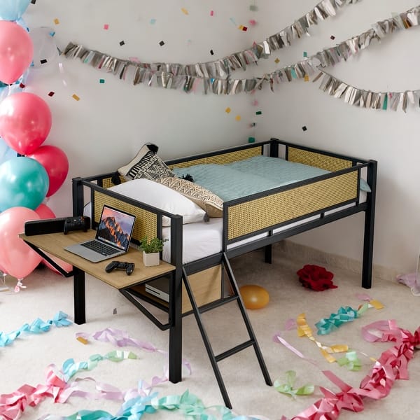slide 2 of 15, Kids and Baby Twin Size Metal Loft Bed with Desk,LED Lights,Storage Shelves