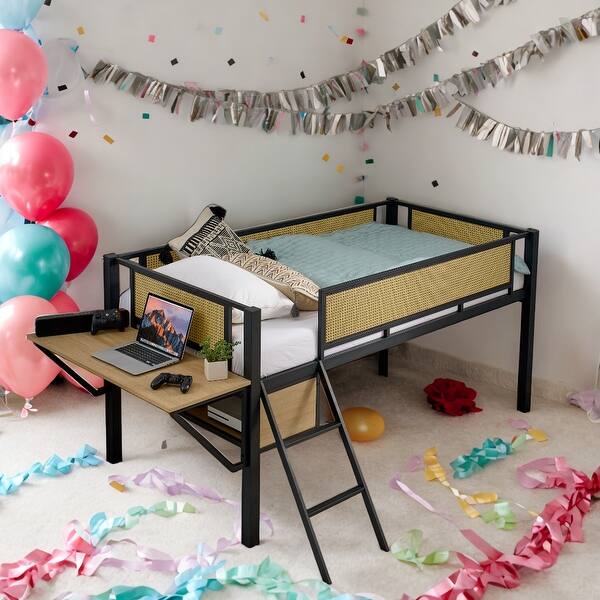 slide 2 of 15, Twin Size Metal Loft Bed with Desk,LED Lights,Storage Shelves Black+Natural