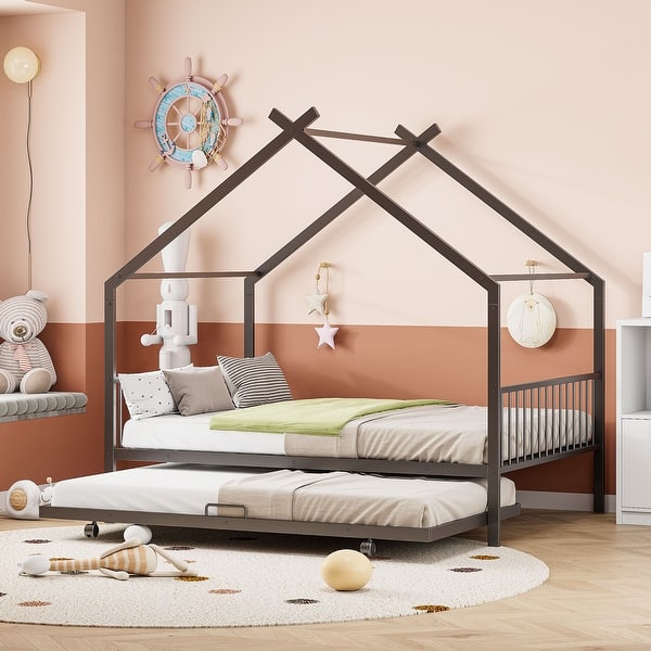 slide 2 of 54, Metal House Bed with Twin Size Trundle, Twin/Full Size Playhouse Bed Montessori Bed with Roof Design for Kids Bedroom Black - Full