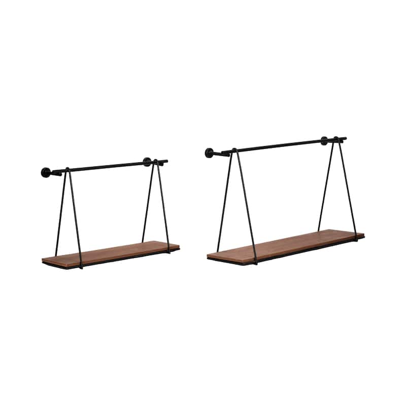 Set of 2 Wall Shelves 12" and 14" Brown and Black Wood and Metal Rustic Floating Swing Wall Shelves Mounted - 24" x 7" x 14"