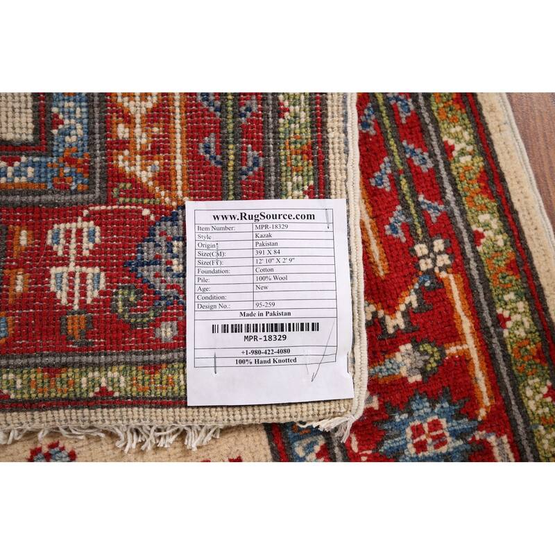 Geometric Beige Kazak Oriental Runner Rug Handmade Wool Carpet - 2'9" x 12'10"