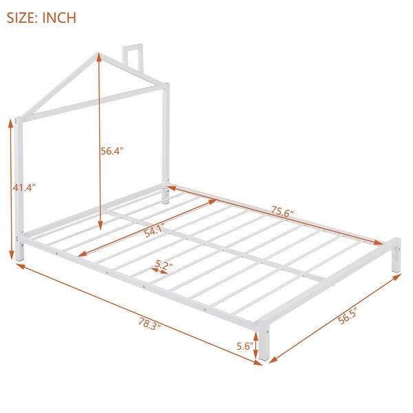 dimension image slide 0 of 6, Metal Platform Bed for Kids, Low Bed Frame with House Shaped Headboard & Slats Support, No Spring Box Need, Easy to Assembly