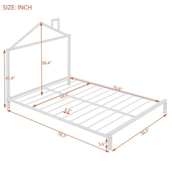 White Full Size Metal Platform Bed with House-Shaped Headboard for Kids