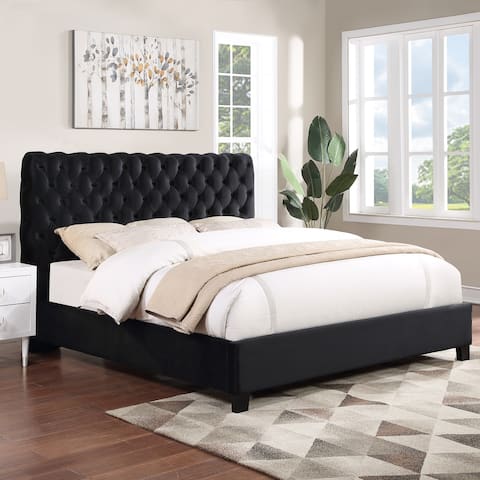 Roundhill Furniture Apoera Velvet Upholstered Button Tufted Bed, King, Black