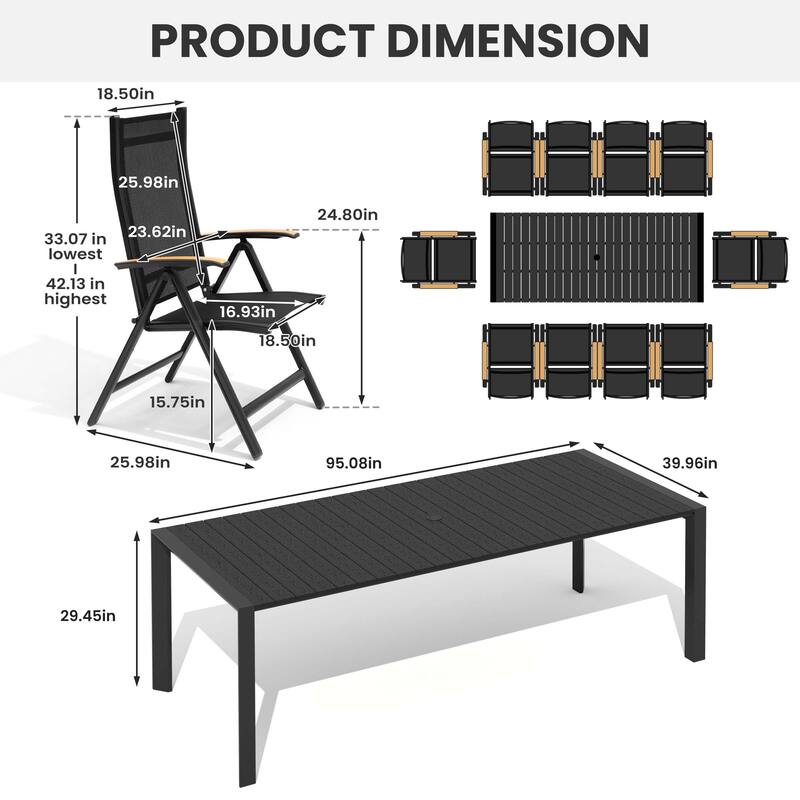 7/9/11-Piece Outdoor Dining Set Patio Aluminum Dining Table and Adjustable Folding Chairs