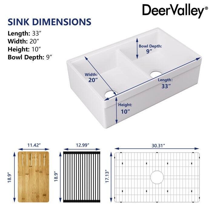 DeerValley 33"L X 20"W Double Bowl Workstation Farmhouse Kitchen Sink With Cutting Board And Dish-Drying Rack