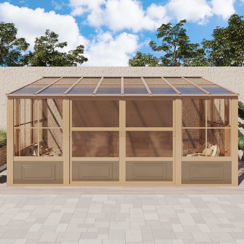 Erommy Outdoor Solarium Sunroom, Patio Hardtop Gazebo, Aluminum Frame Permanent Gazebo with Sliding Doors and Screens