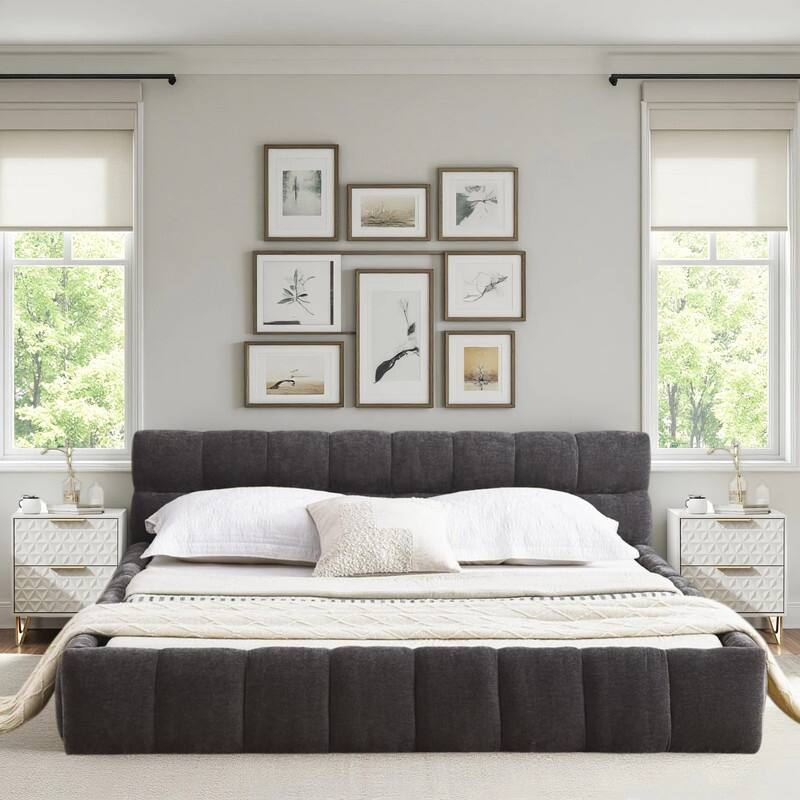 3-Pieces Bedroom Sets Upholstered Bed Frame with Thick Fabric,Solid Frame,2Nightstands with 2 Drawers,Gold Legs & Handles