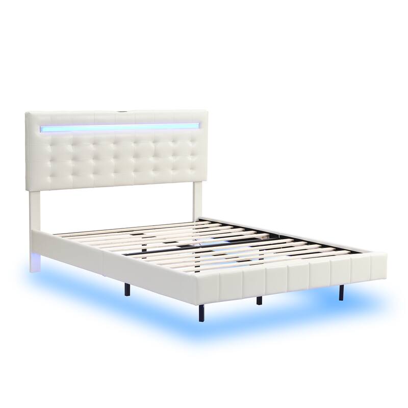 Floating Bed Frame with LED Lights and USB Charging Modern Upholstered Platform LED Bed Frame