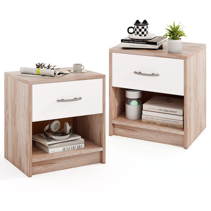 Gymax 2 PCS Nightstand w/ Drawer Side Table w/ Slide-out Drawer Open - Oak & White