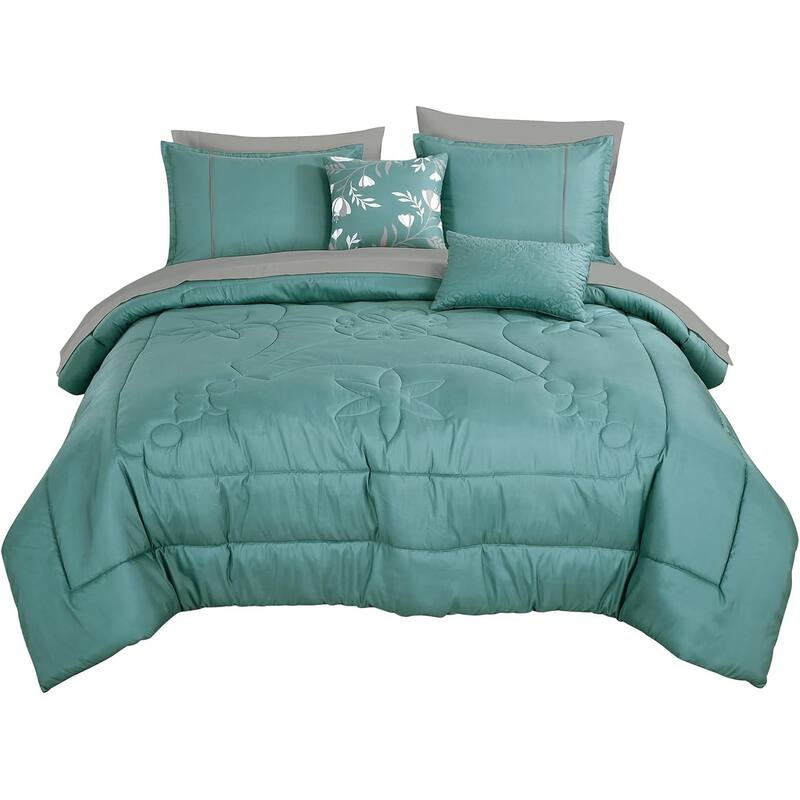 9 Piece Bed-in-a-Bag Blue Floral Solid Soft Bedding Comforter Set