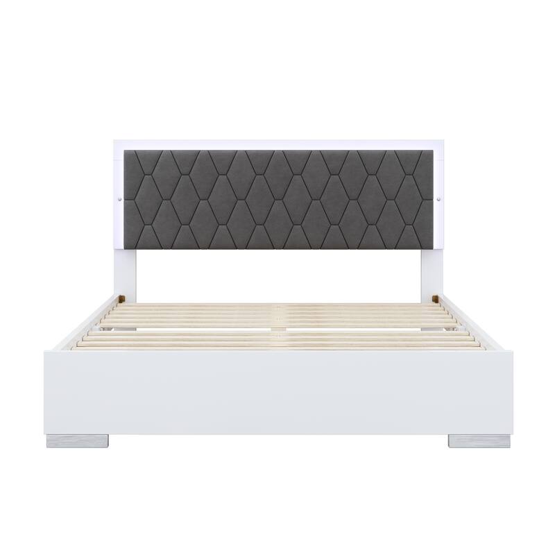 Modern Platform Bed with with Velvet Headboard