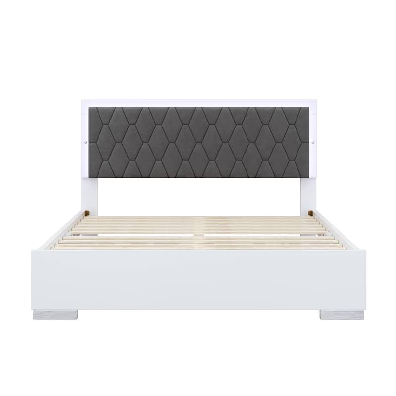 Queen Size Upholstered Bed with LED Light,Modern Platform Bed with with Velvet Headboard