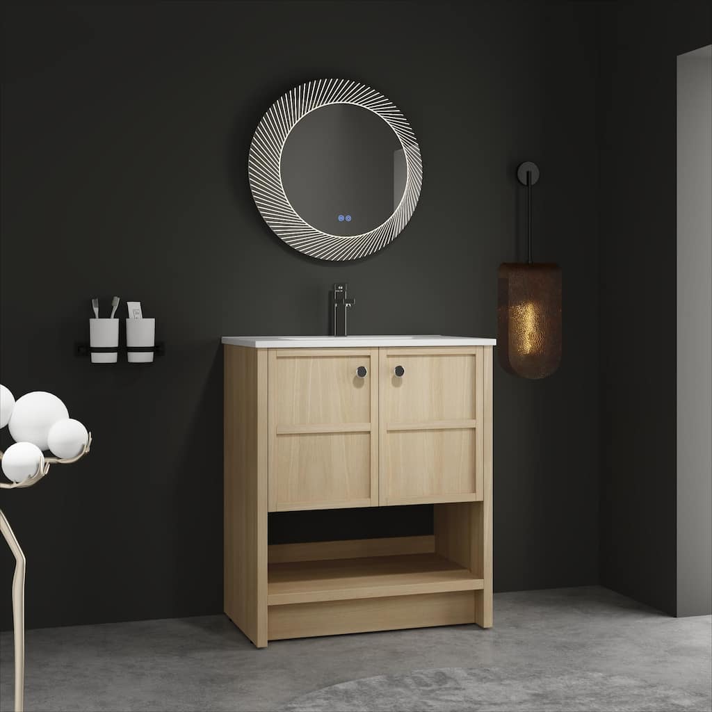 GDFStudio - Bergen Modern Minimalist Freestanding Bathroom Vanity Cabinet with Ceramic Sink, Soft Close Doors& Open Shelf - 30"