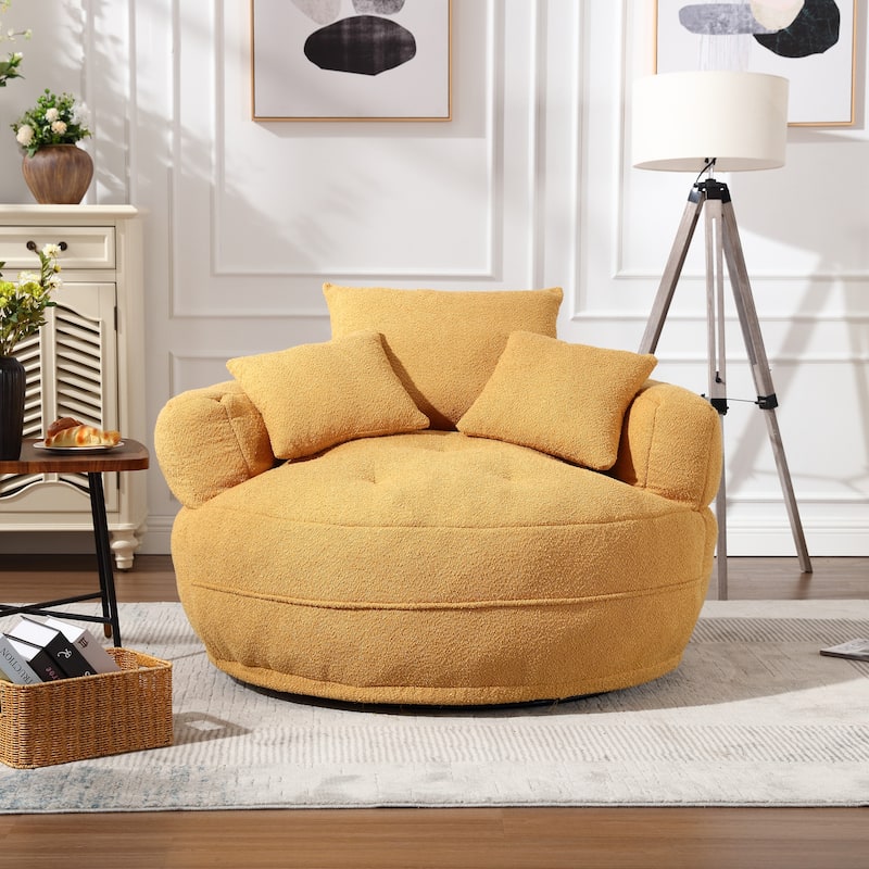 Boucle Upholstered Tufted Barrel Accent Living Room Chair With Toss Pillows - Mustard Yellow+Rotate Base